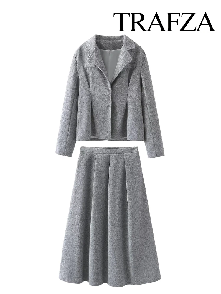 

TRAFZA Women's Skirt 2-Piece Set Winter Fashion Lapel Long-Sleeved Woolen Jacket+Elegant Zipper Pleated Slim Ankle-Length Skirt