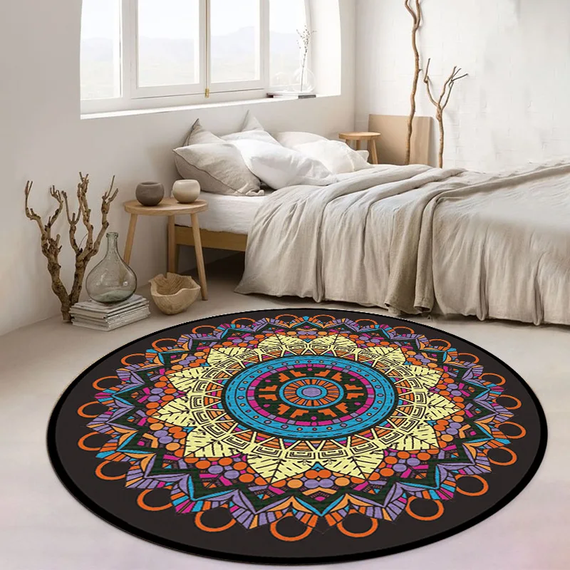 Mandala Round Rug Geometric Floor Carpet Art Deco Circle Mat Traditional Anti Slip Mat Black Area Rugs for Living Room  Area Rug