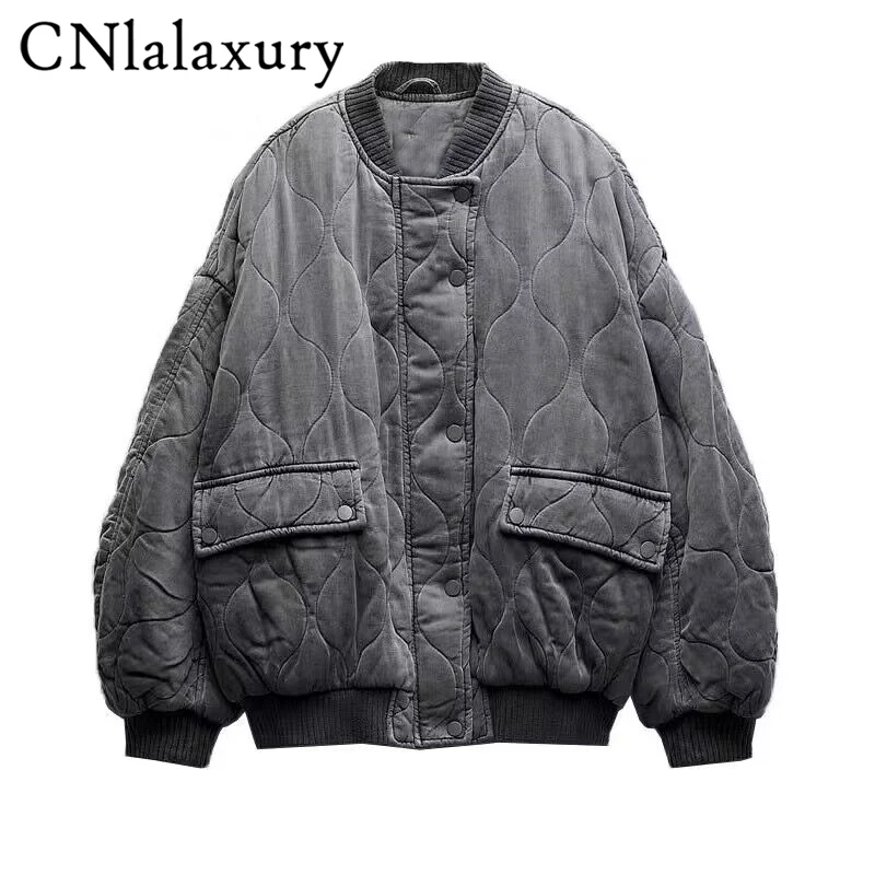 CNlalaxury Women 2023 Winter Fashion Bomber Jacket Warm Cotton Coat Vintage Long Sleeve Zipper Female Parkas Outerwear Tops