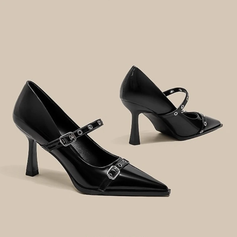 

2026 New French Pointed Toe Rivet High Heels for Spring and Autumn Women's Stiletto Beautiful Shallow Mouth Strap Single Shoes