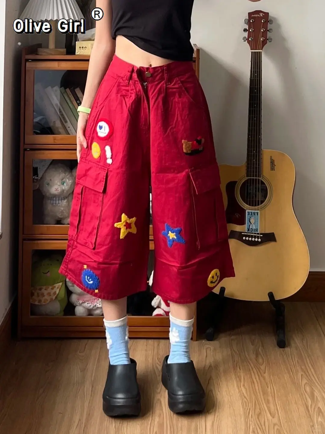 Olivegirl Rose Red Work Pants with Cartoon Embroidery Jeans Sweet Cool Hot Girl Wide Leg Cropped Trousers Women's Clothing