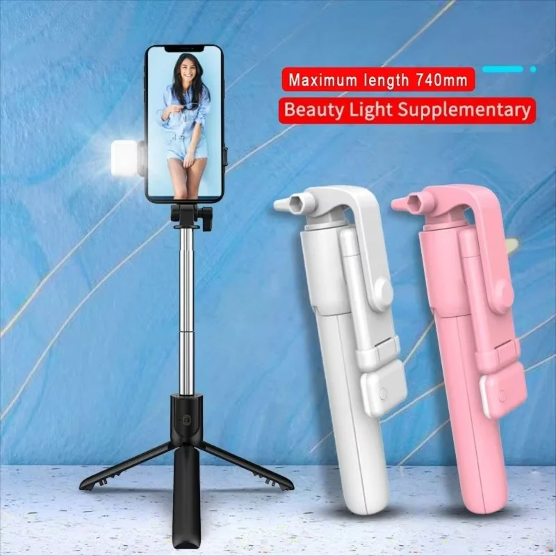 Tripé portátil dobrável para selfie, com luz de preenchimento LED, controle remoto Bluetooth para gravação de vlog em celular