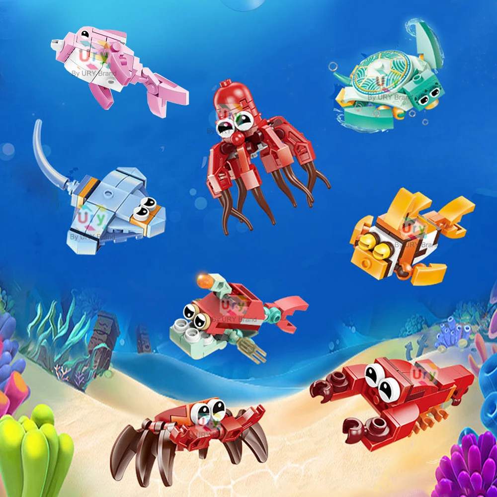 Moc 12in1 Ocean Marine Fish Animals Shark Octopus Hermit Crab Turtle Dolphin Model Set Building Blocks Diy Toys for Kids Gifts