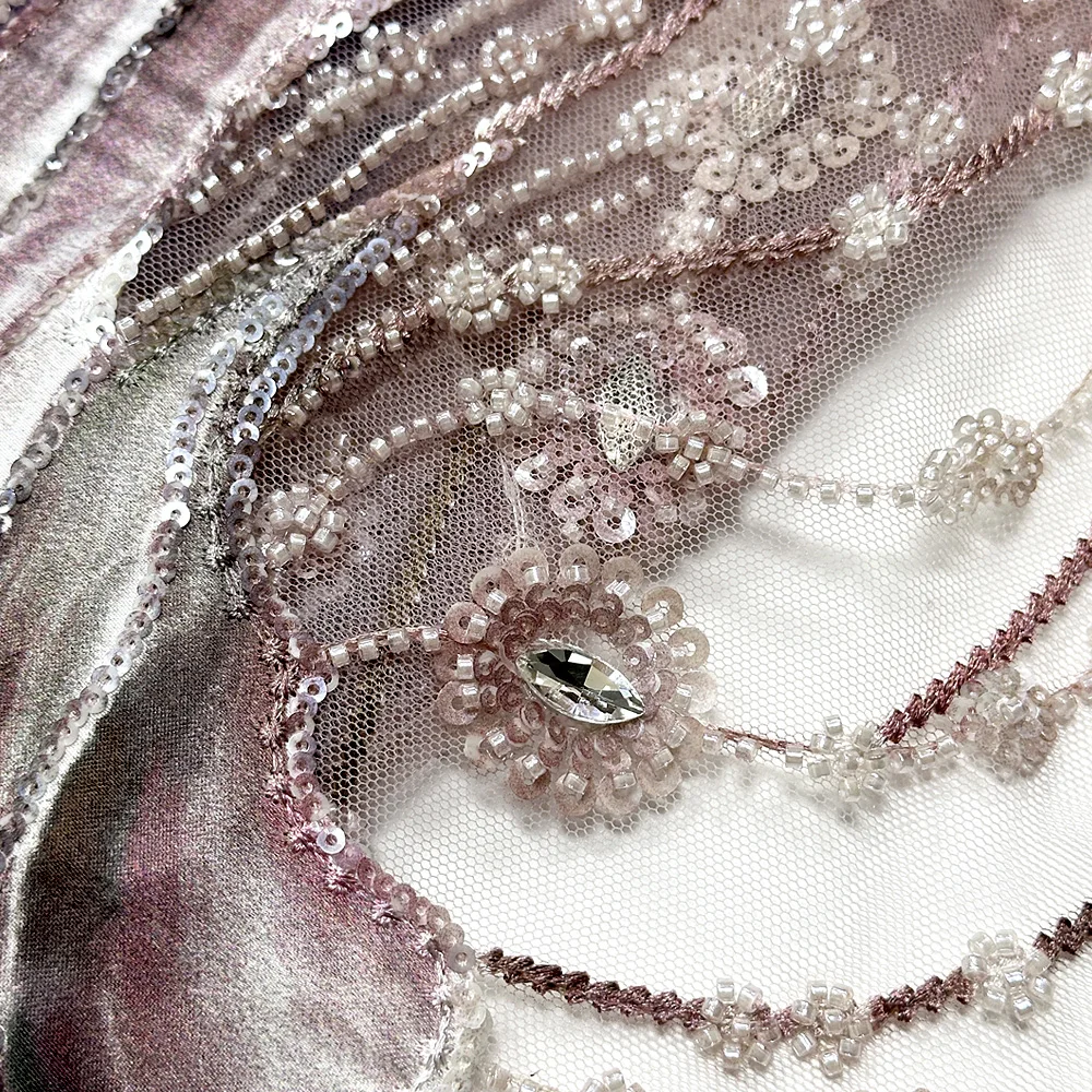 Africa 2025 luxury beaded lace fabric Nigeria sequined embroidered beaded tulle fabric lady gown wedding party bridal gown