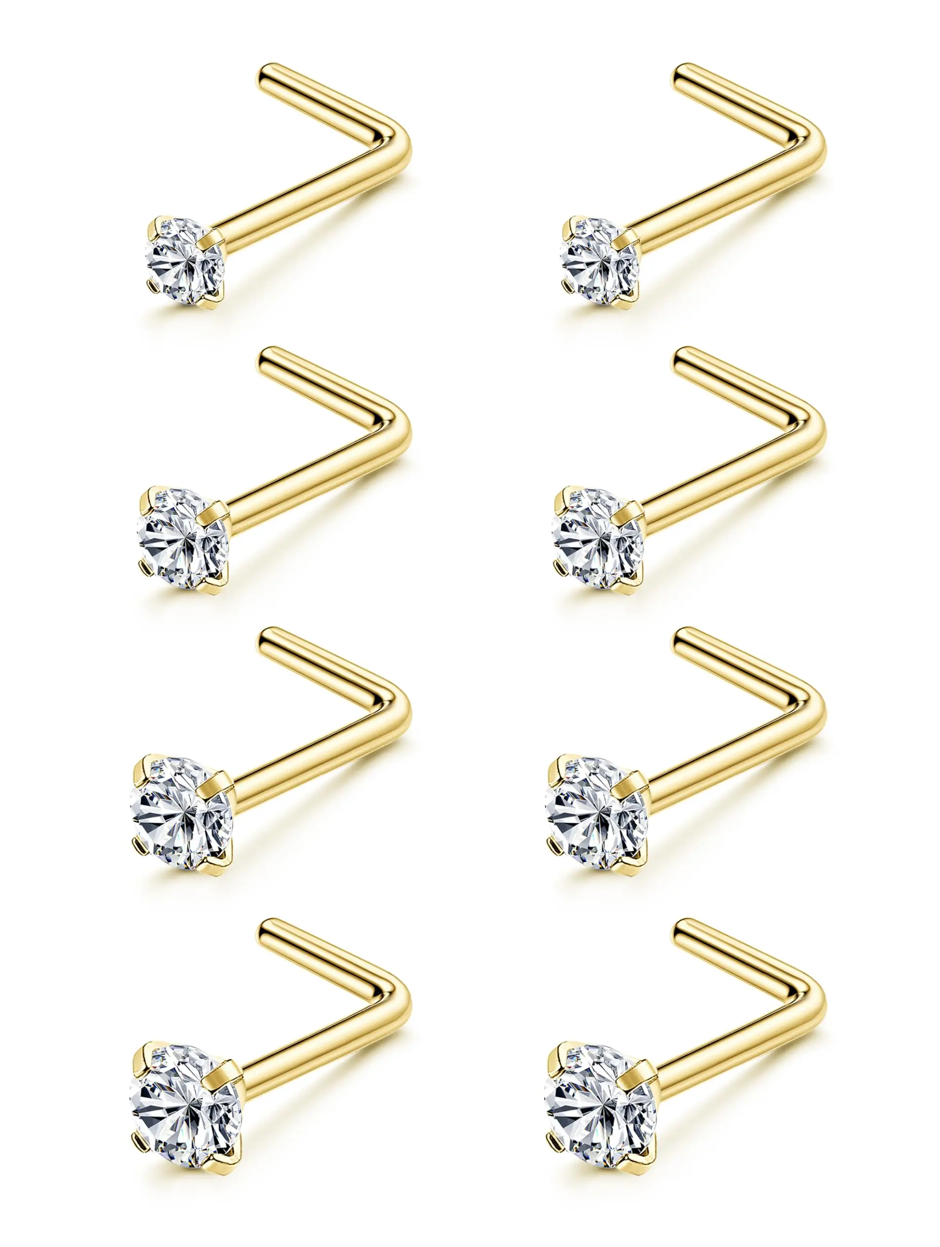 8PCS Titanium Nose Rings 20G Corkscrew & L Shape Studs Diamond CZ Silver & Gold, Hypoallergenic 1.5mm-3mm