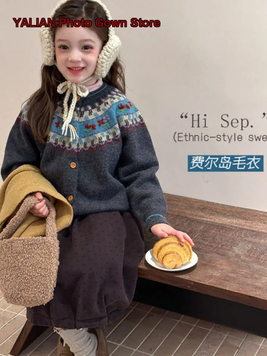 Kids Romantic Fair Isle Spring Autumn Older Girls Atmosphere Knit Coat 2026