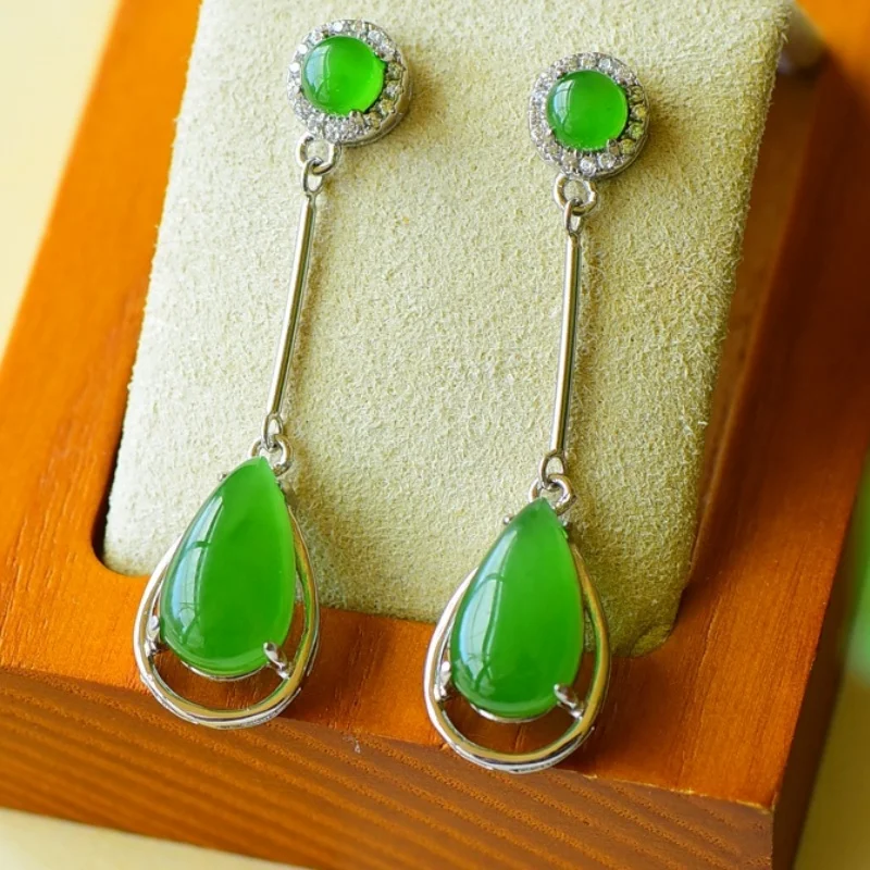 SGARIT Authentic Jadeite Hetian Green Jade S925 Silver Inlay 12*44mm Waterdrop Pendant Stud Earrings Unique Design Fine Texture