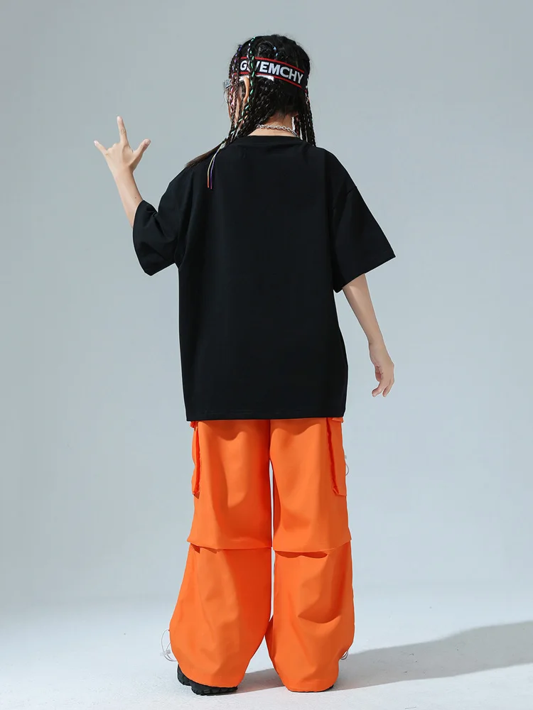 女の子ヒップホップセットバスケットボールパターン黒 Tシャツオレンジカーゴパンツストリート子供社交服男の子ジャズ衣装