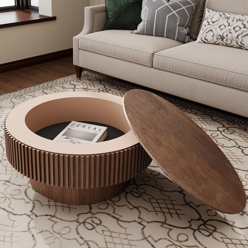 Runder Couchtisch mit Stauraum, moderner, luxuriöser runder Trommel-Mitteltisch mit Massivholzfurnier, Akzent-Beistelltisch