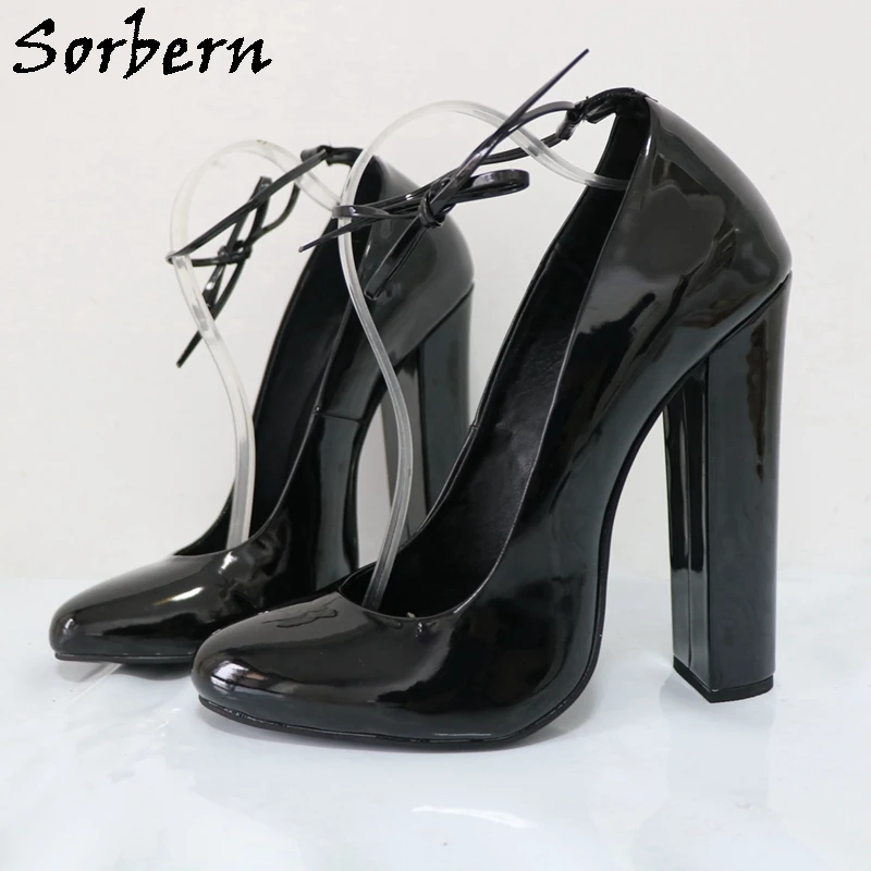 Sorbern Vintage Women Pump Shoes Thin Ankle Strap Knot Round Toes Block High Heel Custom Sissy Boy Shoes Custom Color