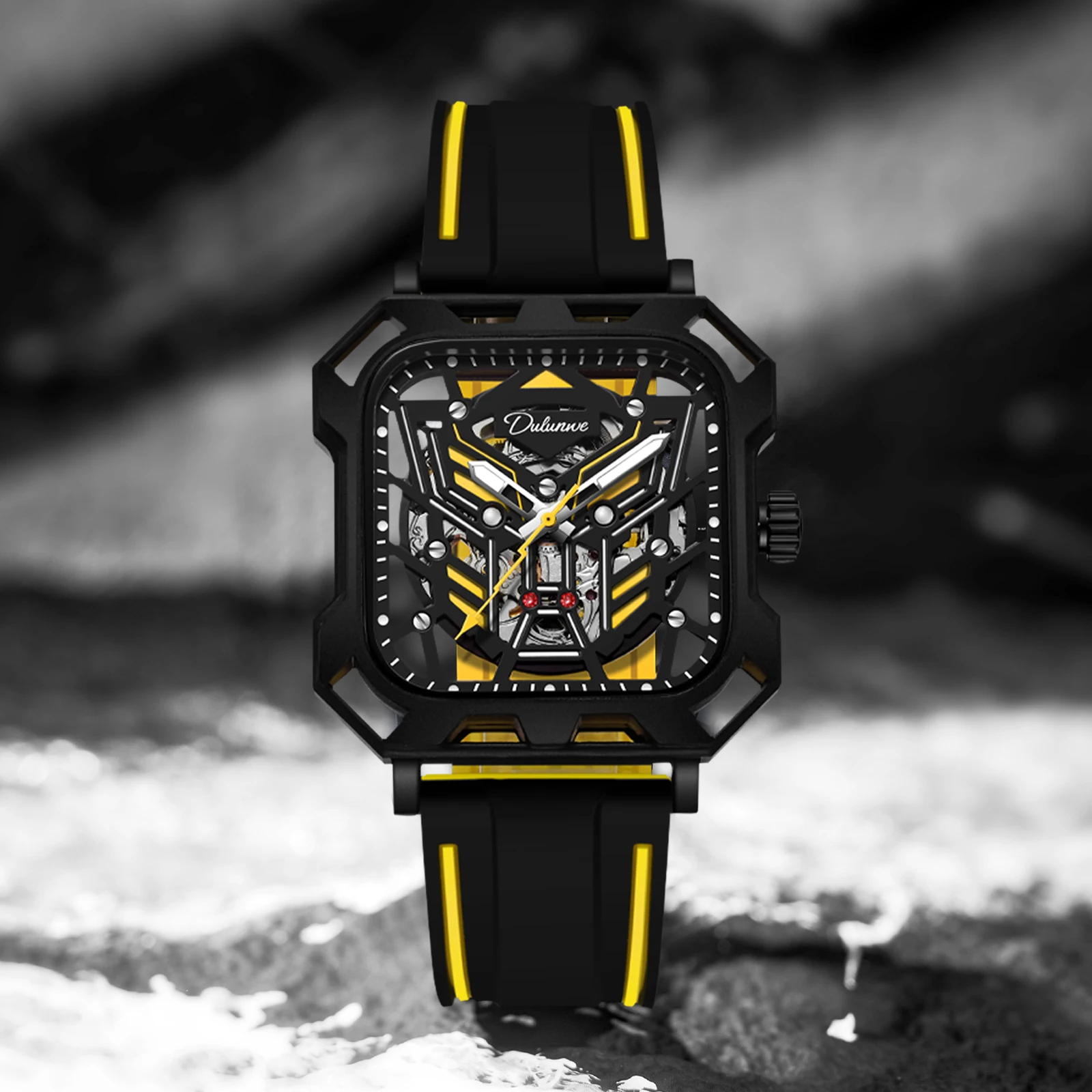 

Dulunwe мужские часы автоматические часы высокого качества из легированной стали модные квадратные полые механические часы 30 м водонепроницаемые светящиеся