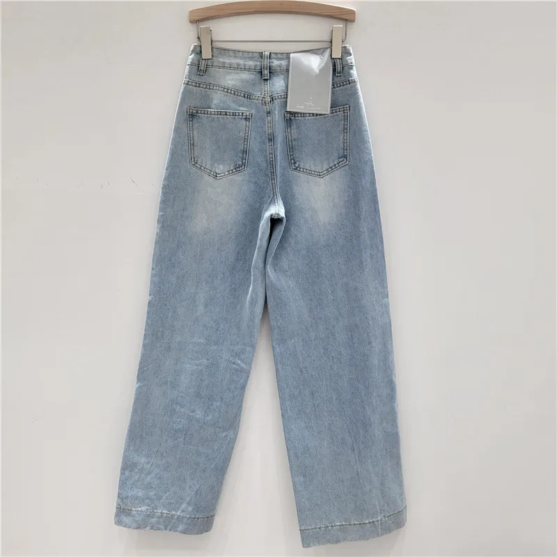 Lace Patchwork Ripped Jeans Women's Summer Blue Loose High Waist Straight Trousers