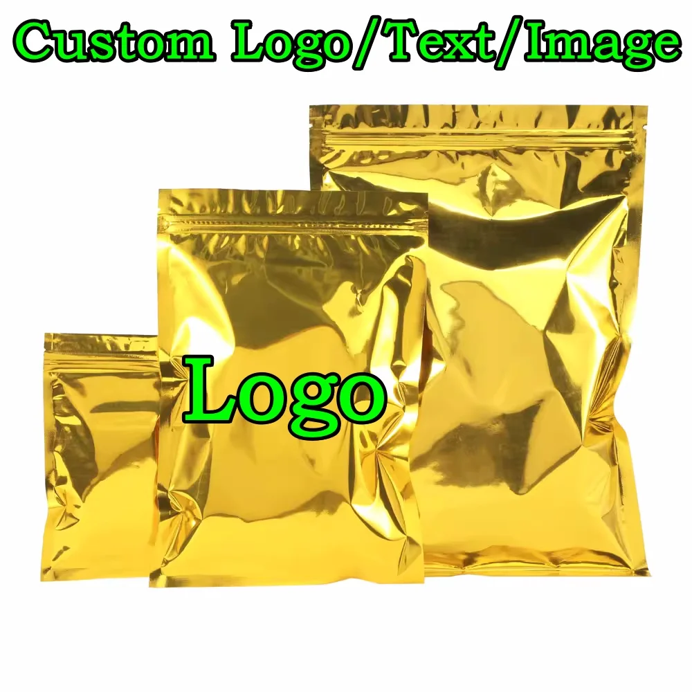 100 Stück Glänzende Goldene Aluminiumfolie Ziplock-Verpackungsbeutel DIY Logo-Druck Matcha Snack Gewürz Kaffee Fleisch Gewürz Aufbewahrungsbeutel