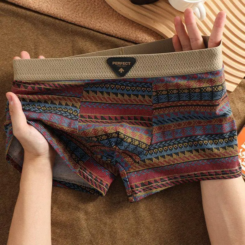 Men's Retro Print Cotton Boxer Shorts Comfortable Breathable Four Corner Briefs mid Waist Home Clothes Underwear