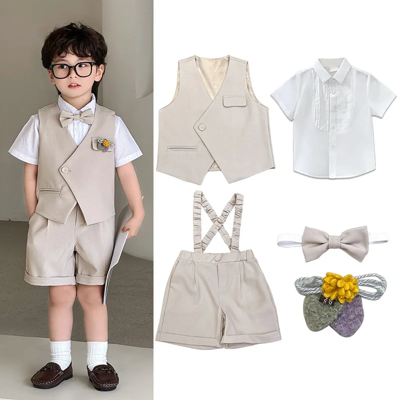 Childrens Birthday Waistcoat Gown Formal Occasion Boys Girls School Performance Costume 2 To 12 Years Flower Kids Wedding Suit