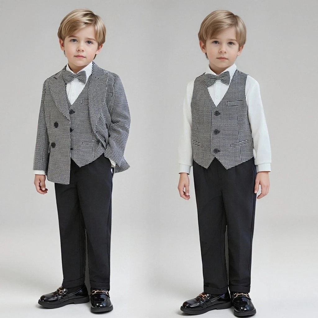 

Classic British Style Boys Check Suit Set Double Breasted Waistcoat Shirt Bow Pants for Kids School Wedding Birthday Formal Wear