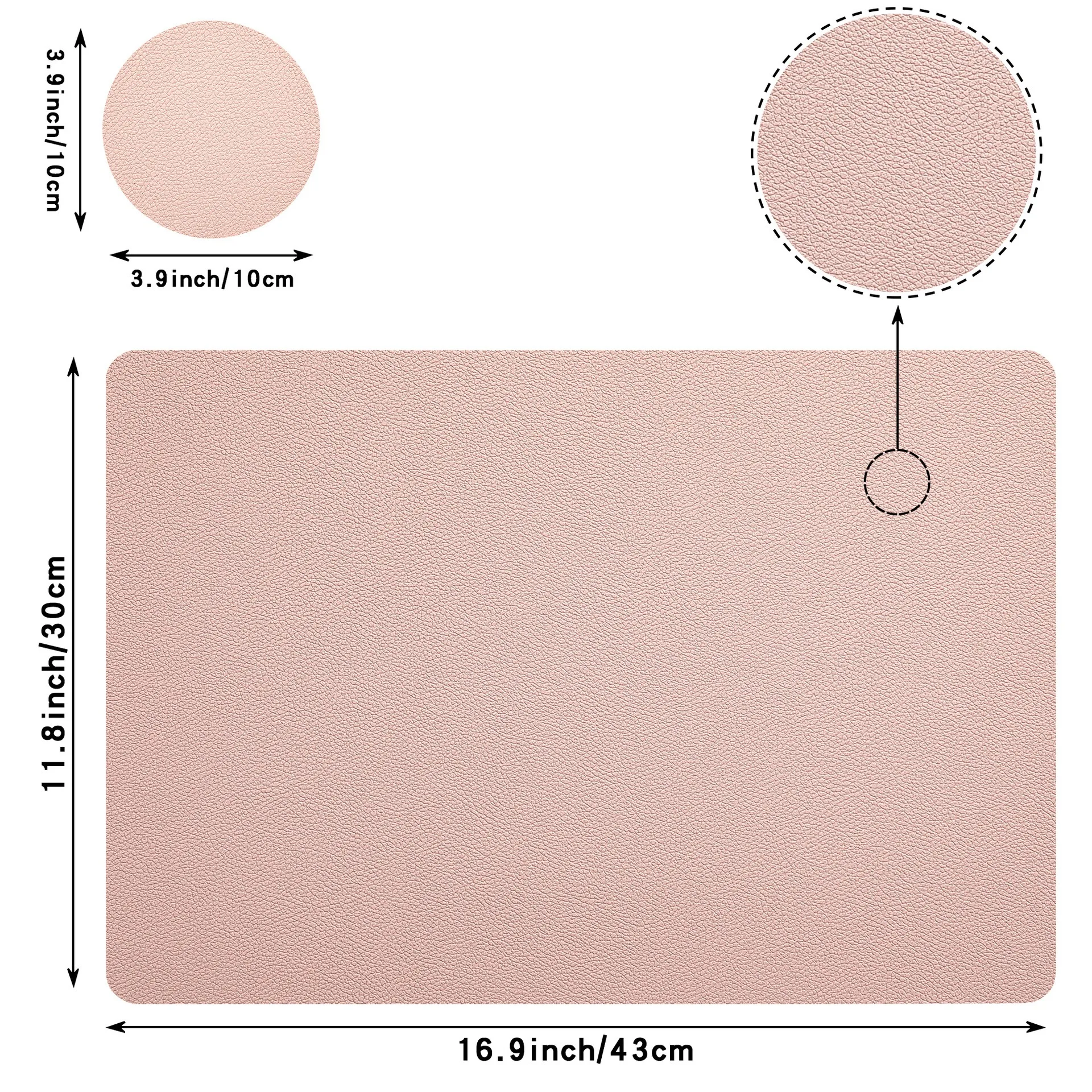 Dual-Sided Lychee Texture PU Placemat 43x30cm & Coaster 10cm Round Set - Waterproof Heatproof 100°C,Washable (1/2/4/6/10 Sets)