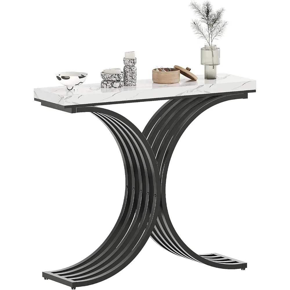 

Console Table - Entryway Table with Geometric Metal Base for Living Room, Modern Sofa Accent Table with Faux Marble Top