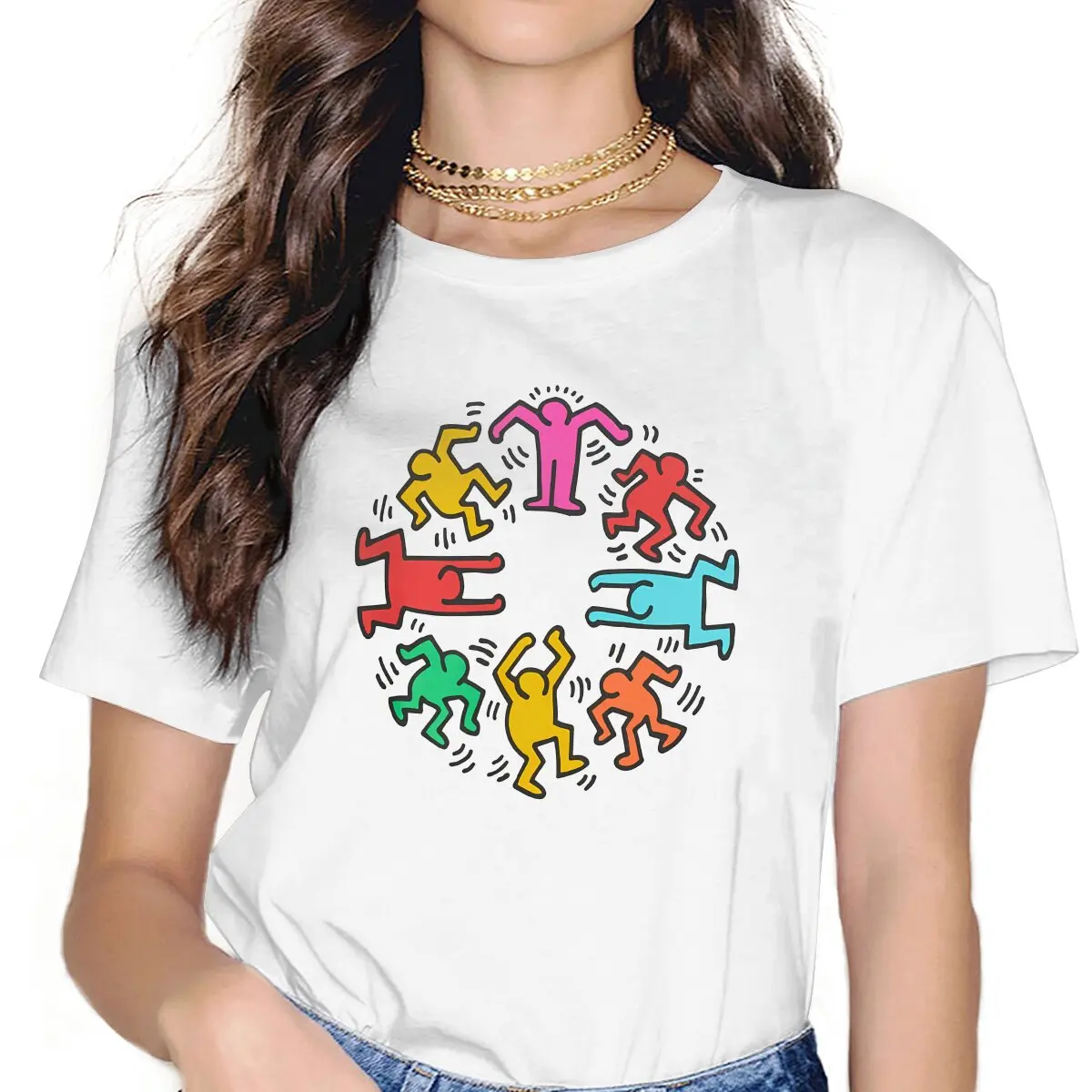 Haring Geometric Graffiti Friends Circle T Shirt Goth Women's Tees Summer Harajuku O-Neck Polyester TShirt