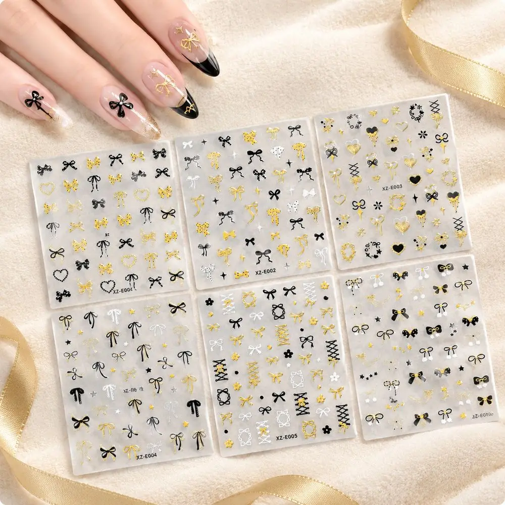 6Pcs 3D Stereo Nail Art Sliders Black Gold Bowknot Element Nail Decals For Home DIY Nail Art Stickers Embellishments