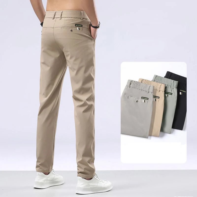 

2025 New Men's Ice Silk Trousers Solid Color Korean Breathable Straight-Leg Casual Pants Thin Quick-Drying Sports With Pockets