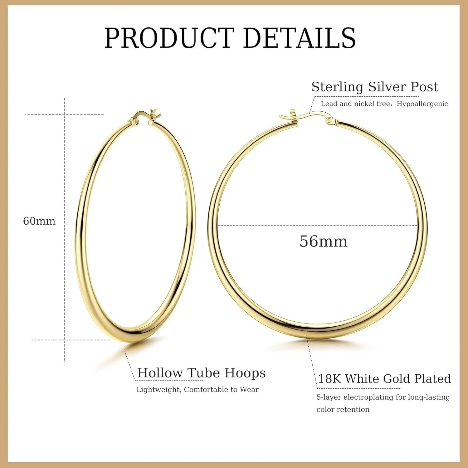 Fansilver Hoop Earrings S925 Sterling Silver Hypoallergenic Big Hoops 14K Gold Plated Stylish Earrings with Lightweight Hoops