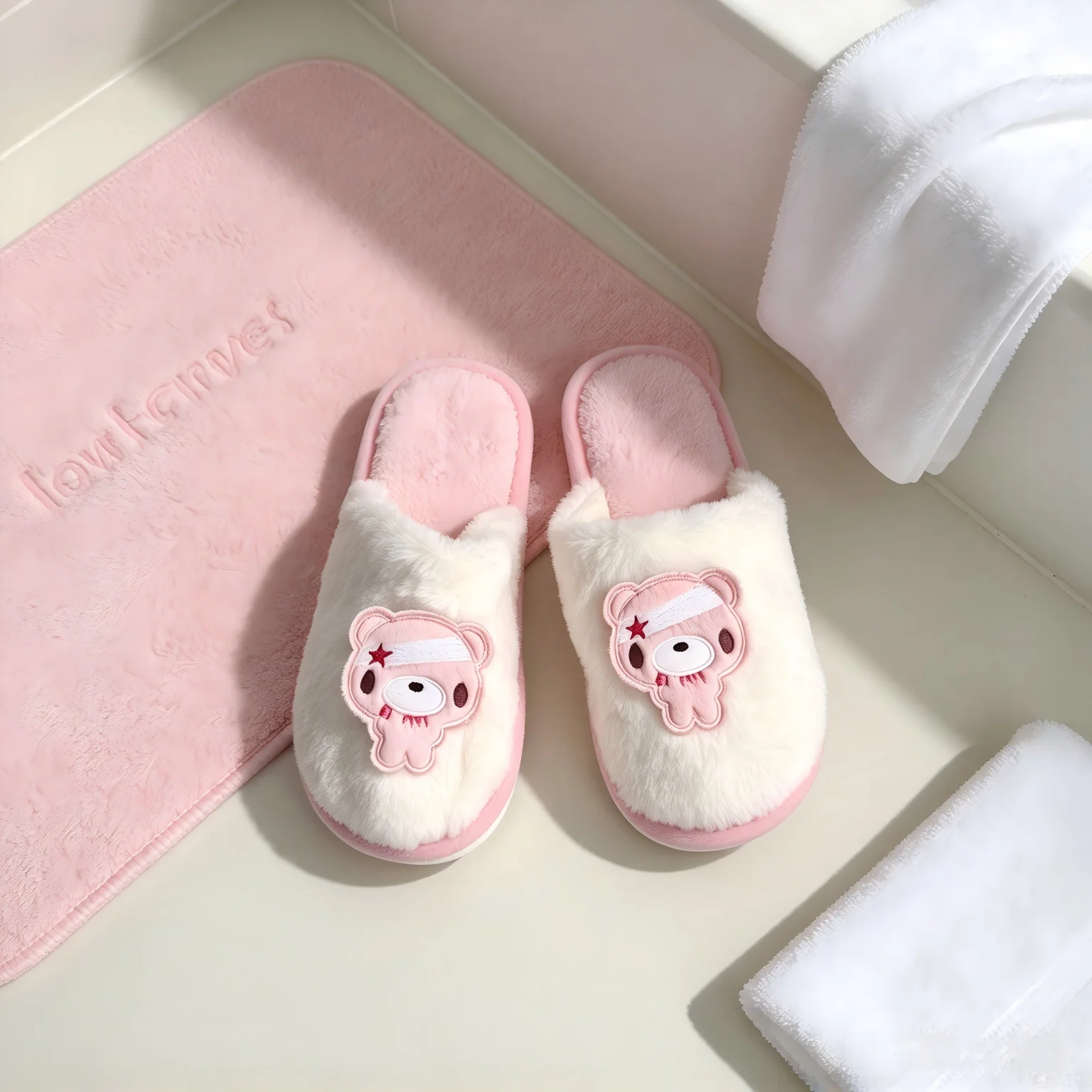 Women Winter Plush Slippers Cute Cartoon Bear Patch Soft Fuzzy Home Slippers Warm Anti‑Slip Indoor House Shoes