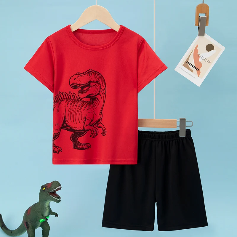 2-Piece Summer Children's Solid Color Quick Drying Sports Suit for Boys and Girls Dinosaur Short-Sleeved Casual Top Black Shorts