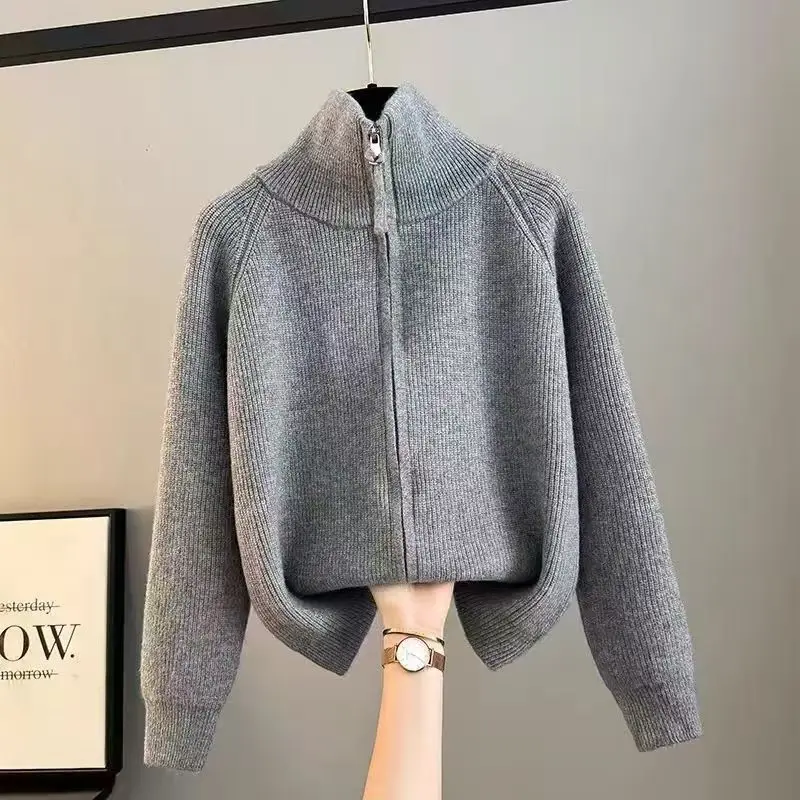 

Zipper Solid Color Sweater Knitted Lantern Long Sleeve Sweater Knitted Coats Women's Clothing High-neck Screw Thread Tops