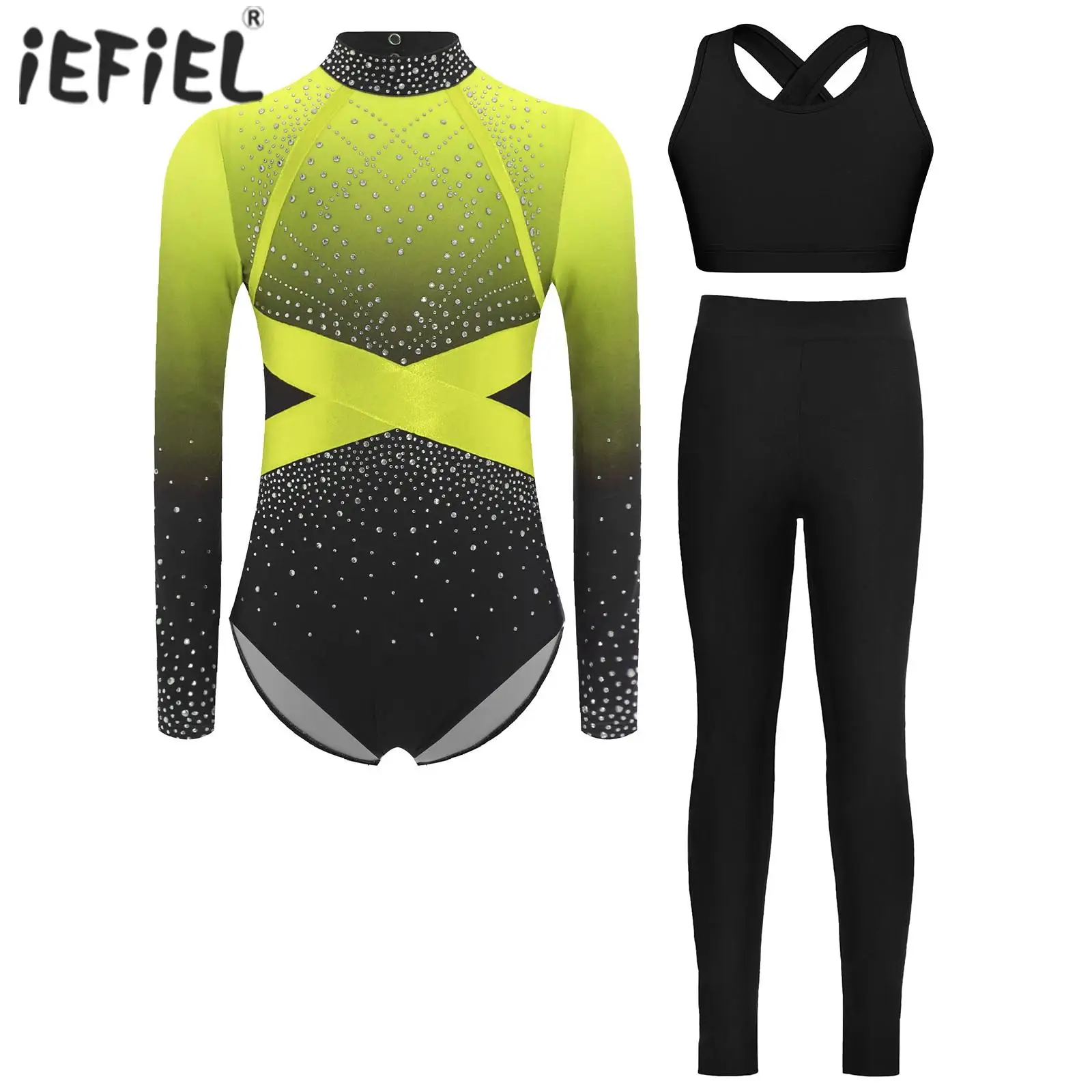 Kids Girls Gymnastics Figure Skating Dance Outfit with Long Sleeve Keyhole Back Rhinestone Color Block Leotard Vest Leggings