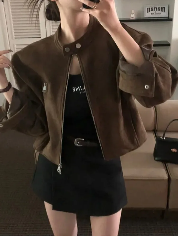 

Faionable ort Motorcycle Jaet Women's Sli Chic Korean Version Autumn New Arrival Small Size Top Quali Pure Color