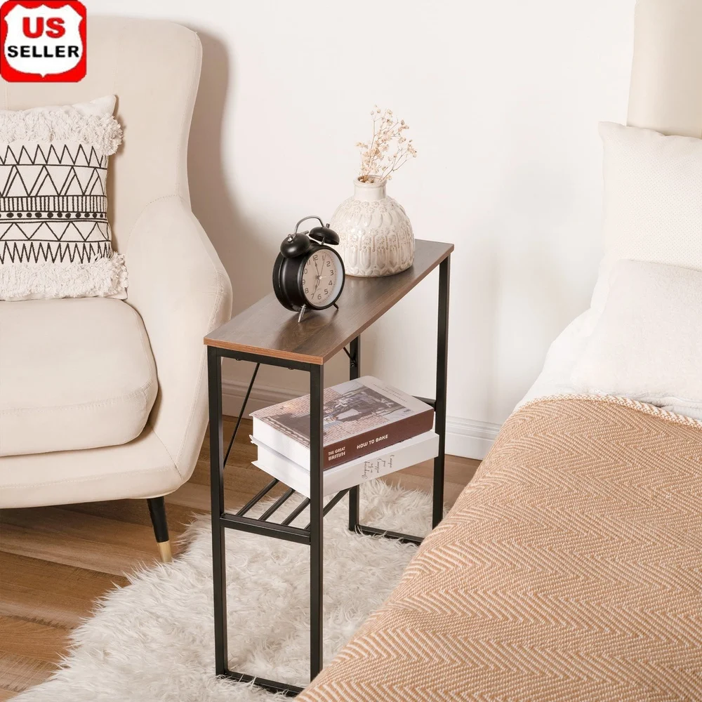 

Narrow End Table with Storage Shelf Stylish Metal Base Space-Saving Design Living Room Bedroom Indoor Use