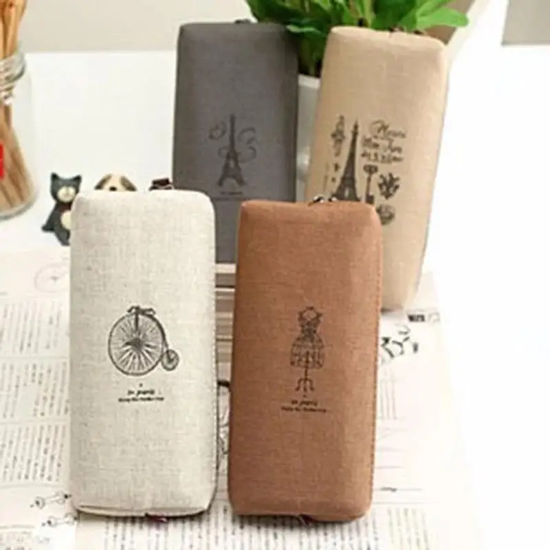 Sac à crayons en lin rétro, 1/2 pièces, rangement de papeterie de Style Paris, fournitures scolaires et de bureau