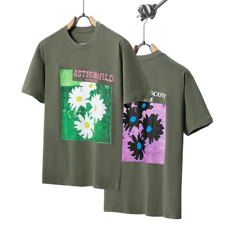 Cactus Jack Astroworld Green Tshirt Short Sleeve for Men Women Small Daisy Print Logo High Street Casual Harajuku