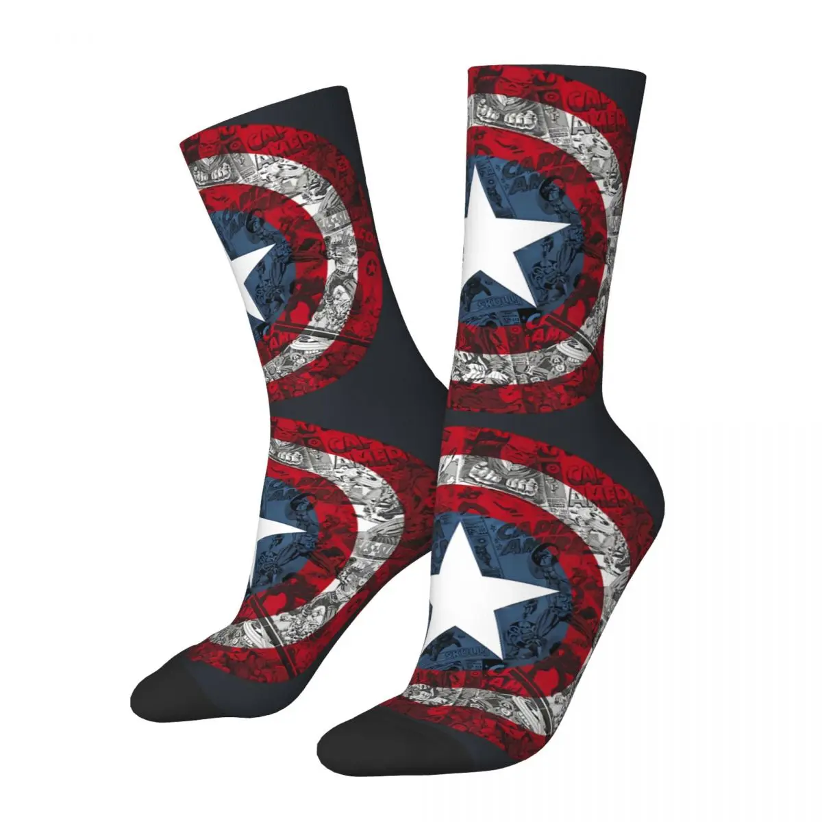 

Funny Crazy compression Sock for Men CA Shield Comic Essential Hip Hop Harajuku Disney Captain America Film Happy Seamless Gift