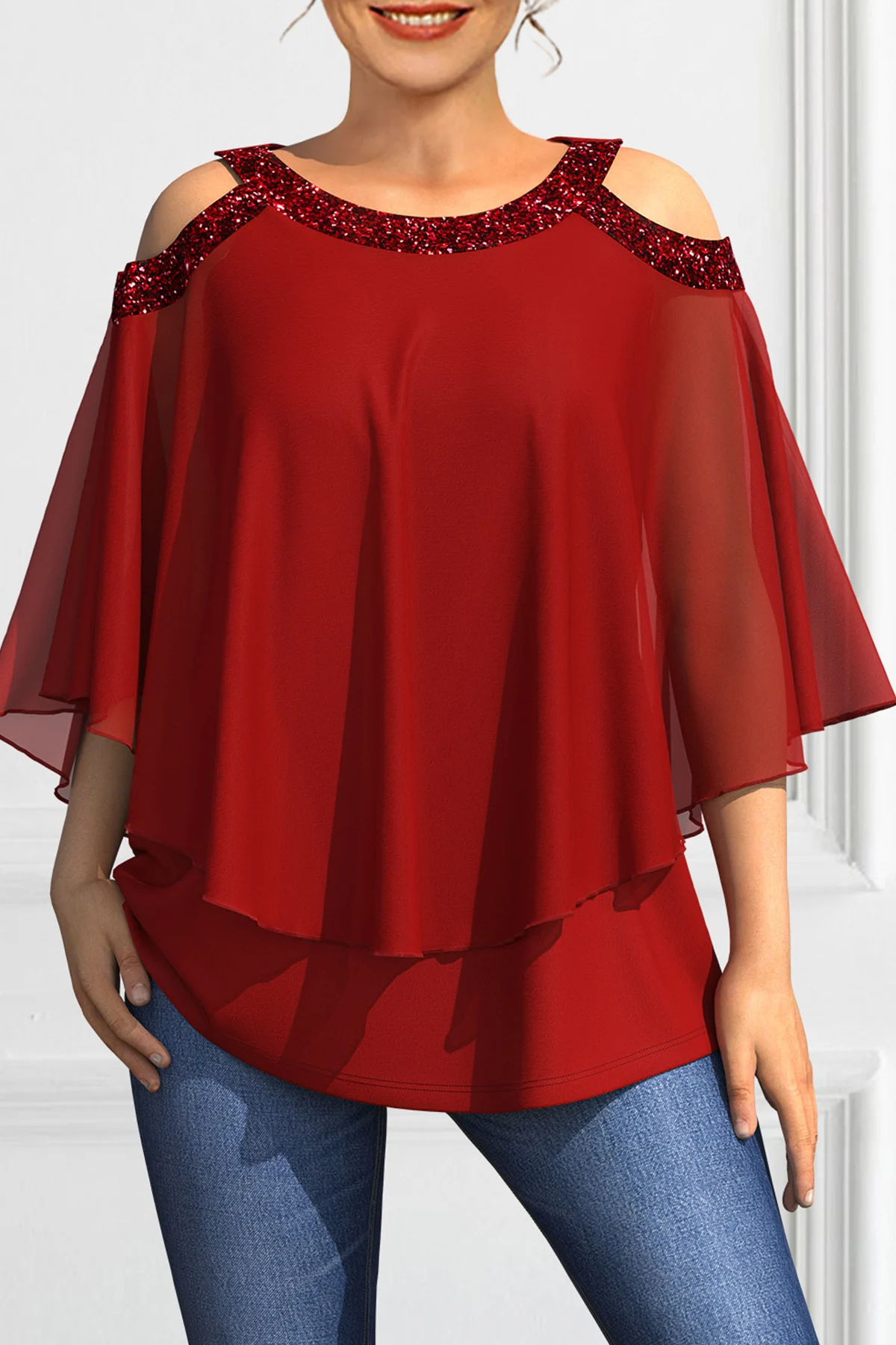 Top da donna in Chiffon con orlo a balze a strati con scollo a barchetta stampato Casual allentato 3/4 taglie forti da donna