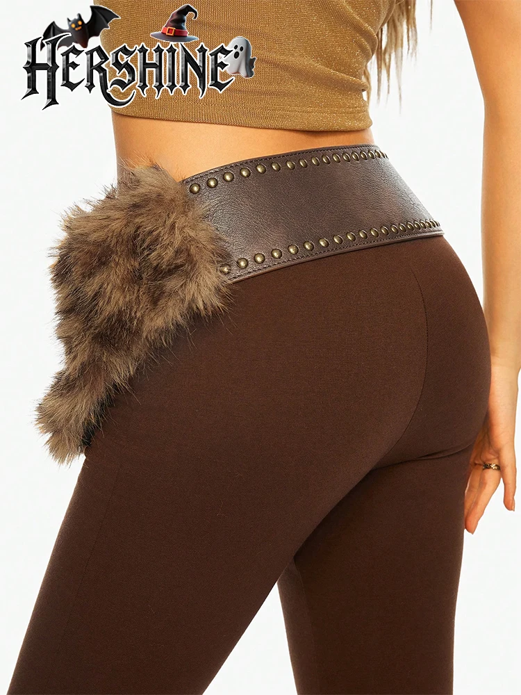 HERSHINE 1-piece Women's Vintage Leopard Print Long Faux Fur Trim Leather Wide Belt with Metal Buckle and Rivets，spring，summer