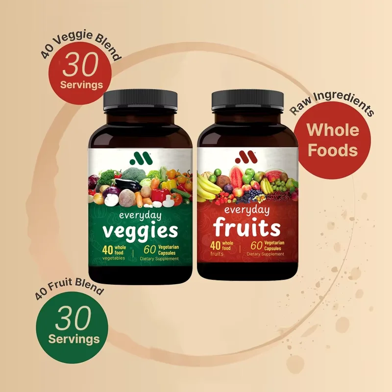 Daily Fruit and Vegetable Capsules, 60 Whole Fruits and 60 Vegetarian Set - Fresh Superfood Recipe with Vitamins and Minerals