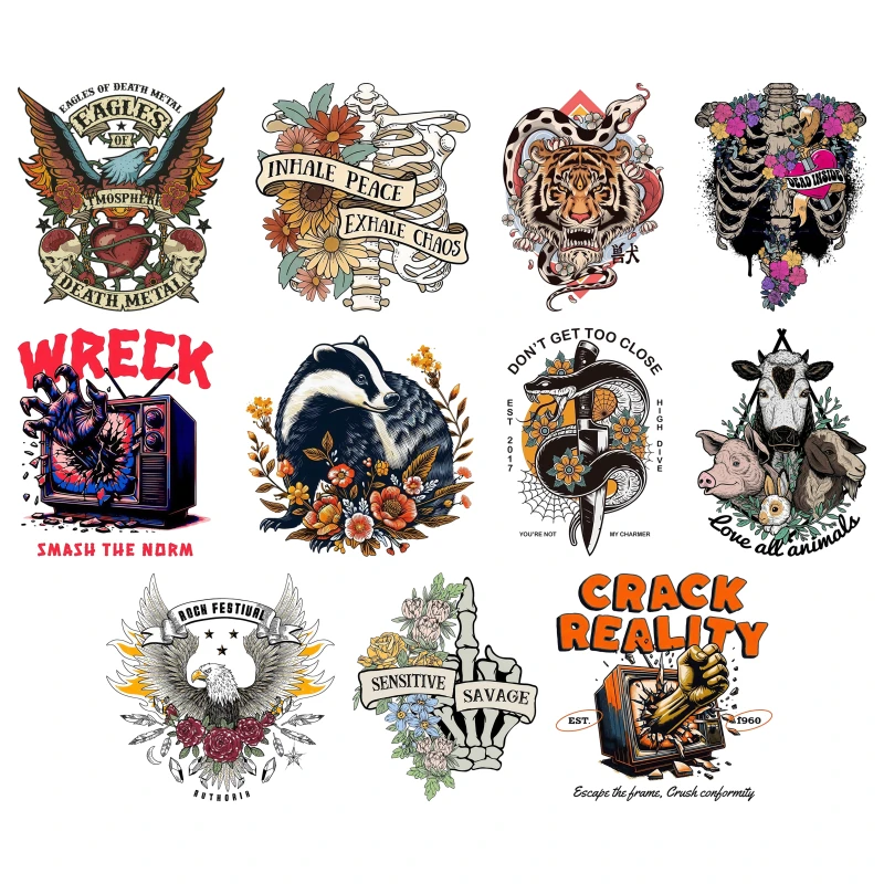 24cm Punk Skeleton Tiger Eagle Snake Heat Transfer Printing Stickers Street Trend DIY Printed Clothes Accessory Durable Washable