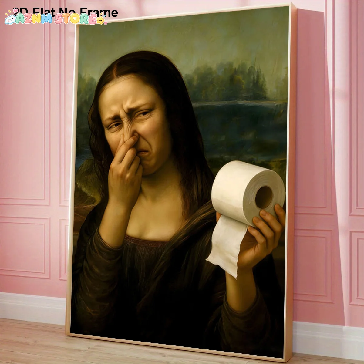 2027,  1pc Frameless Canvas Poster, Mona Lisa Holding Toilet Paper with a Stink Face, Pinching Nose Funny Art Print for Bedro