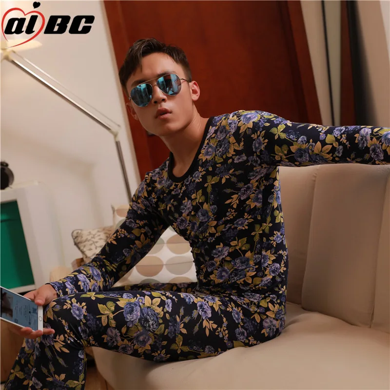 Men\'s Thermal Underwear Set with Active Printing for Warmth Cotton Comfortable Breathable Base Autumn Winter Warm Clothes Pants