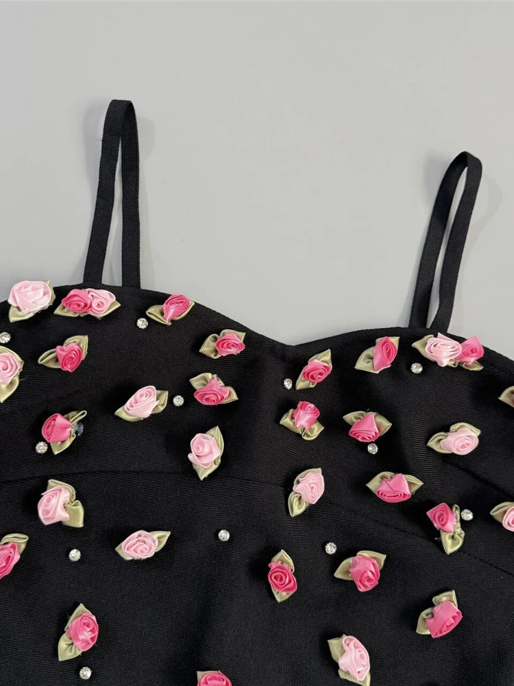 فستان مثير بحمالات رفيعة مزين بالزهور فستان نسائي أسود بدون أكمام بدون ظهر مزين بالزهور فساتين ضيقة للحفلات المسائية وحفلات الكوكتيل