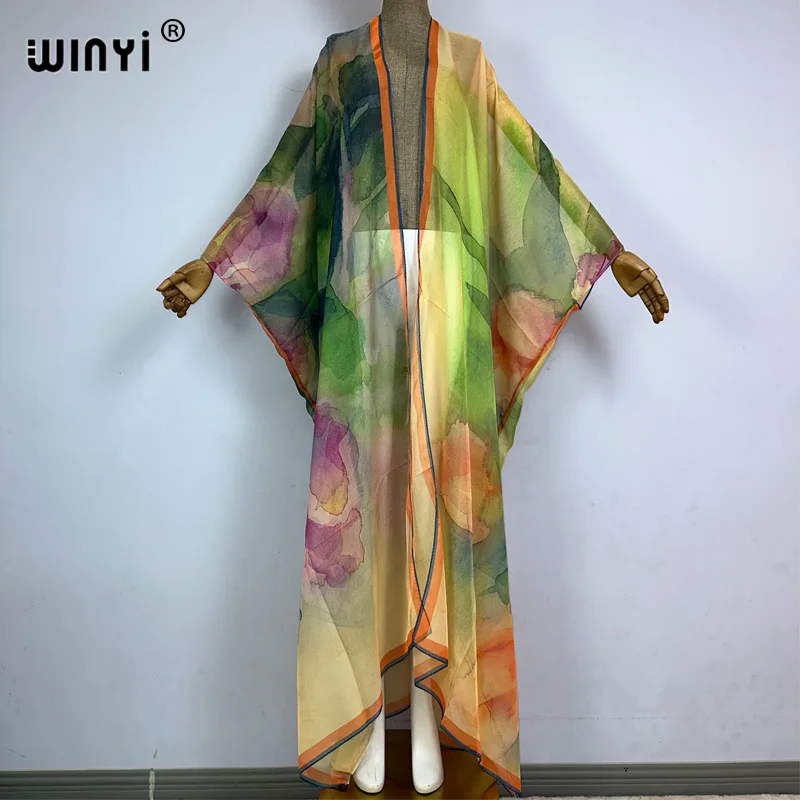 WINYI kimono new boho print Sexy perspective coat floor long dress beach wear cover-ups Elegant Holiday beach outfits for women