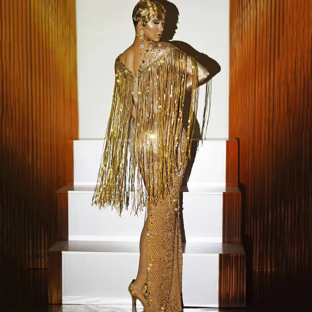 

Women Shining Diamonds Crystal Split Tassel Mesh Plaid Stretch Evening Prom Long Dress Drag Queen Outfit Nightclub Costumes 2025