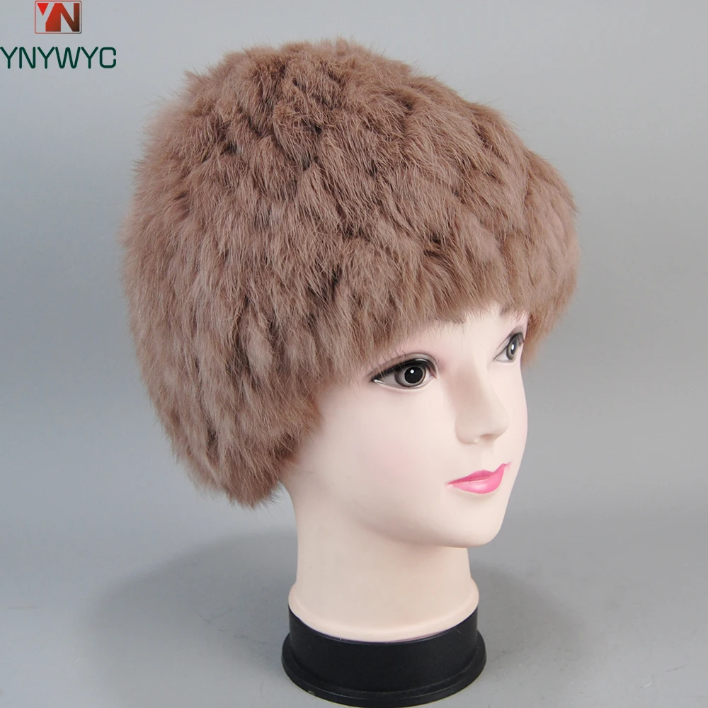 

New Style Fluffy Female Knitted Genuine Rabbit Fur Hat Russian Women Winter Real Rabbit Fur Cap Good Elastic Fashion Fur Caps