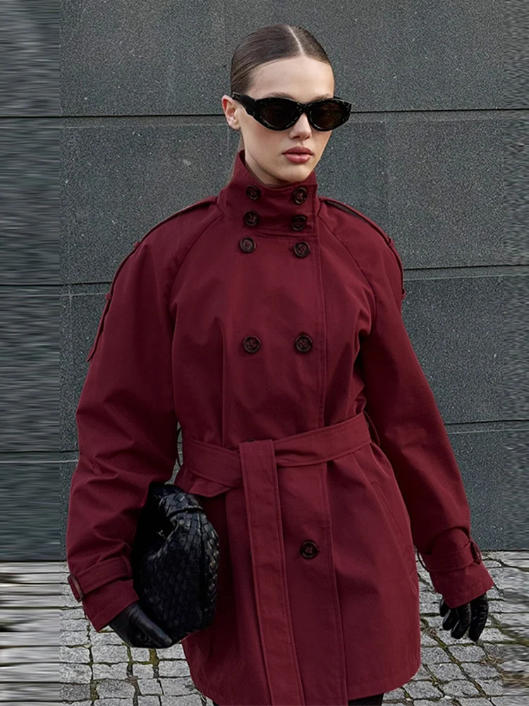 Stehkragen Doppelreihiger Kurzer Trenchcoat mit Gürtel für Damen, Street-Style mit Epauletten, Langarm, Einfarbig, Locker Geschnittene Jacke, Neue Damen-Oberbekleidung – Detail 13
