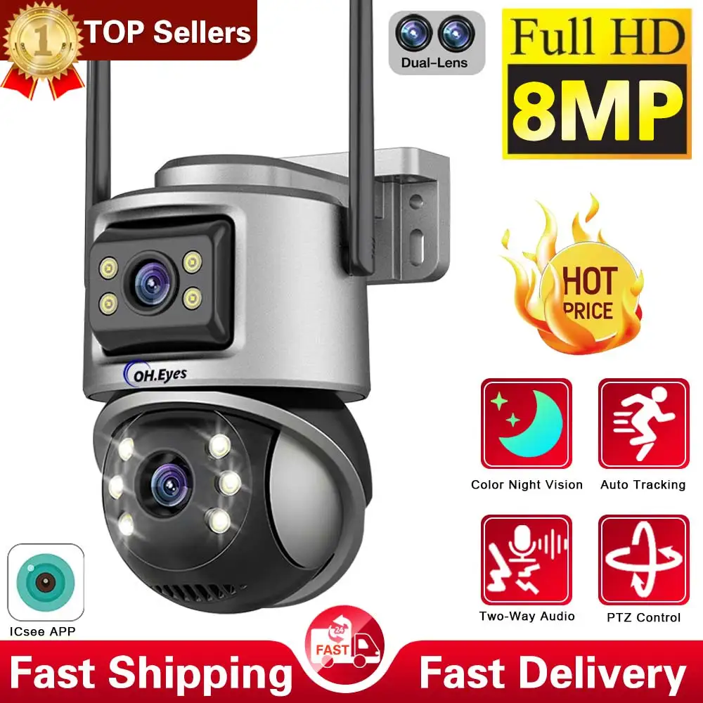 

4K 8MP 360° Wifi PTZ Camera Outdoor 4MP Dual Lens Dual Screen AI Auto Tracking IP Camera CCTV Audio Video Surveillance P2P iCSee