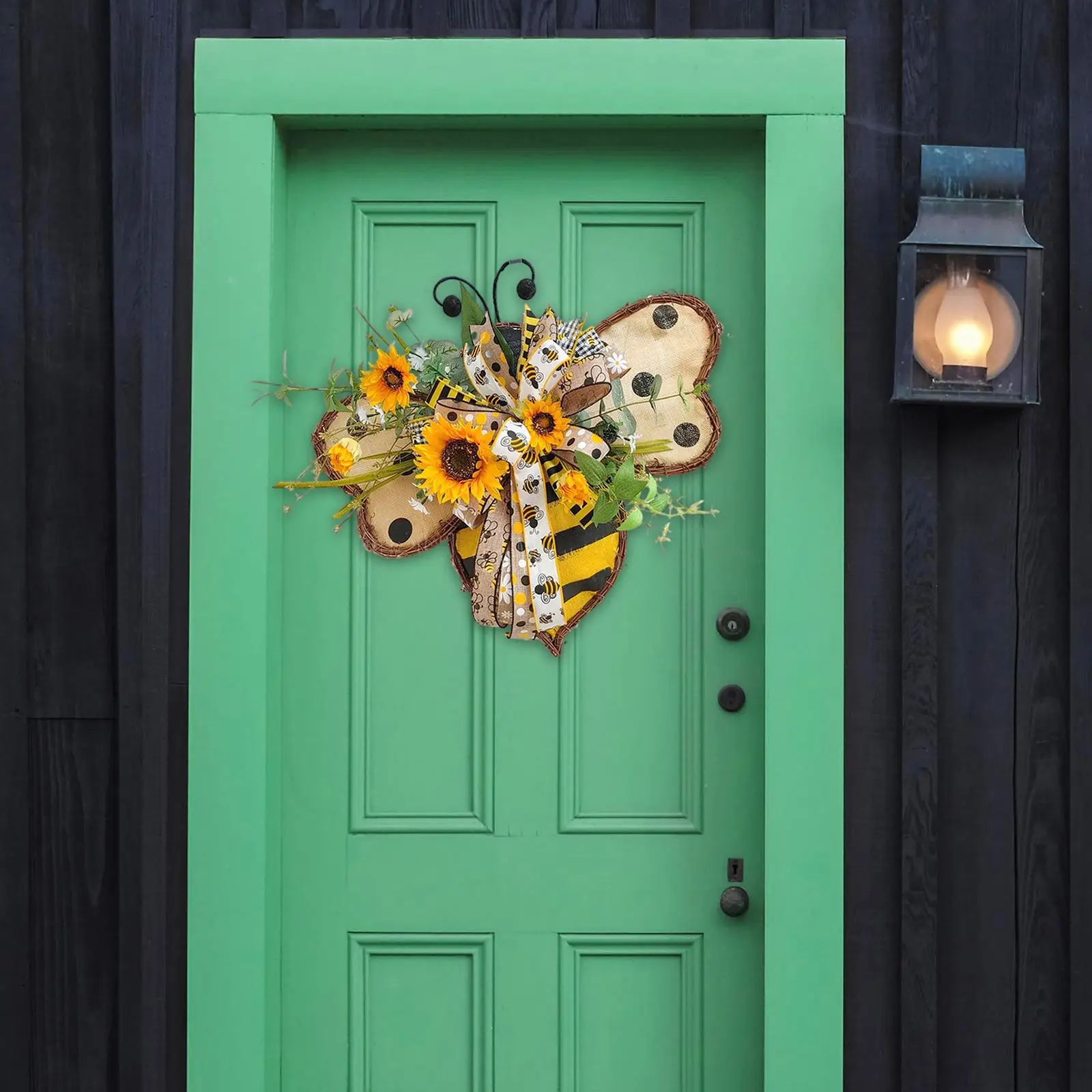 Artificial Sunflower Bee Wreath Spring Door Decor Rattan Wreath Summer Outdoor Wall Hanging Yellow Honey Bee Ornament for Front