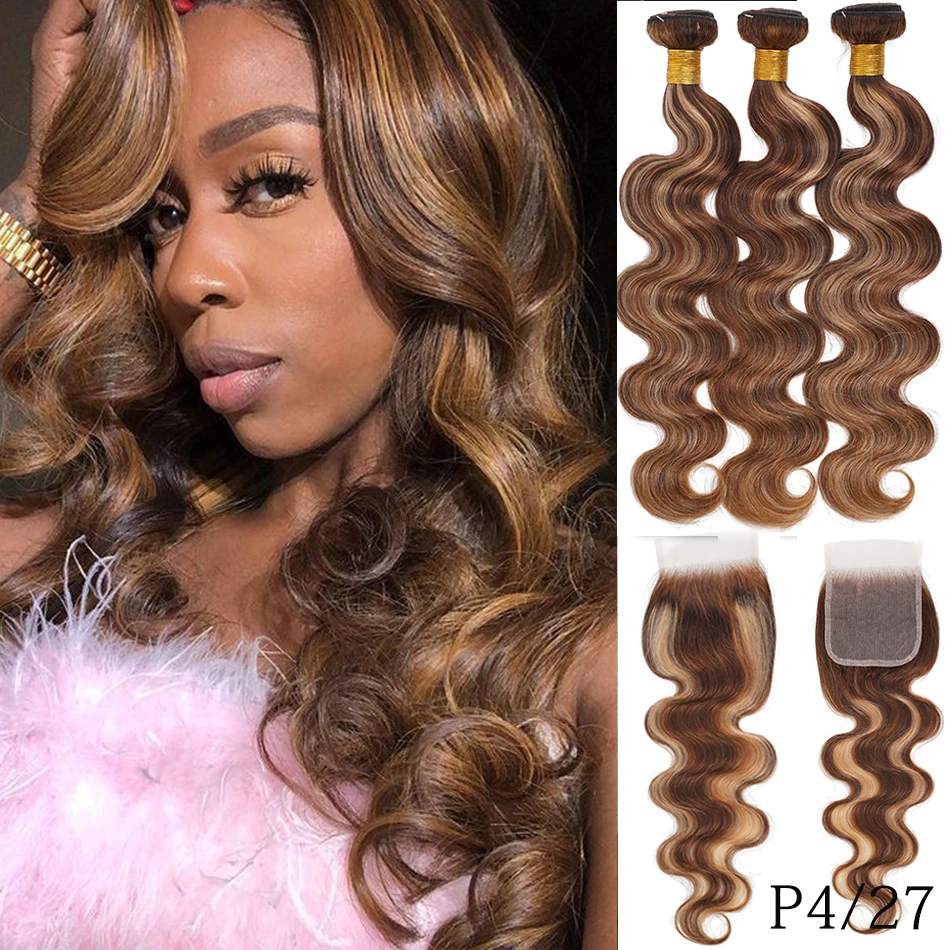 100% حزم شعر بشري داكن مع إغلاق ماليزيا تسليط الضوء على شقراء أومبير البيانو اللون 4/27 موجة الجسم البني مع إغلاق 4x4 HD