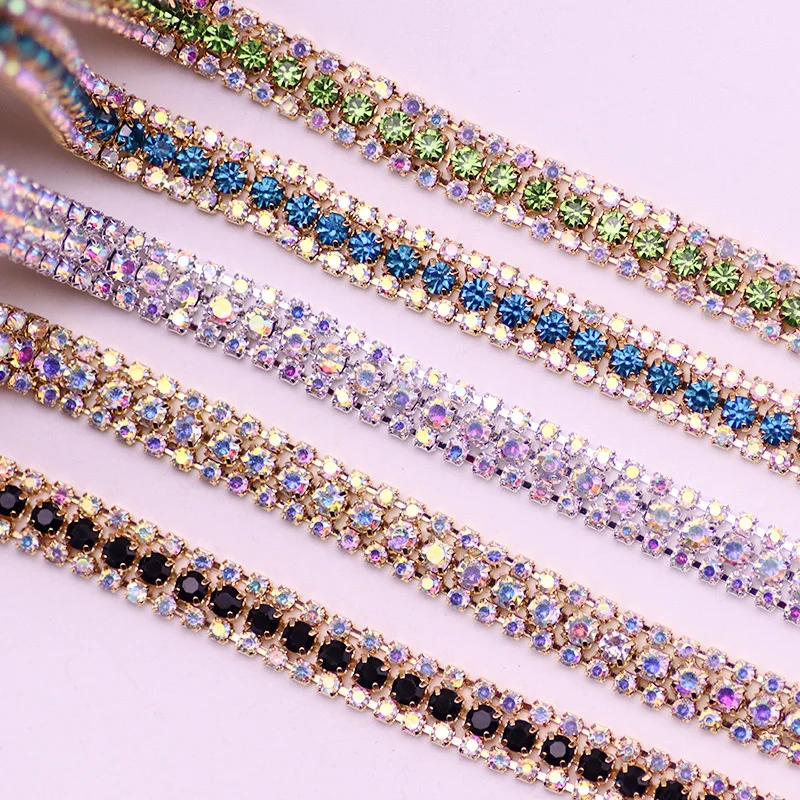 1/10 jardów 3-rzędowego kryształu AB Rhinestone Cup Chain Gold Silver Base With Claw Dress Decoration Trim Applique Sew On Garment Bags